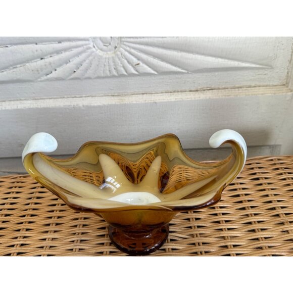 Vintage MCM Midcentury Art Glass Dish/Bowl Amber and Milk Glass - Picture 11 of 13